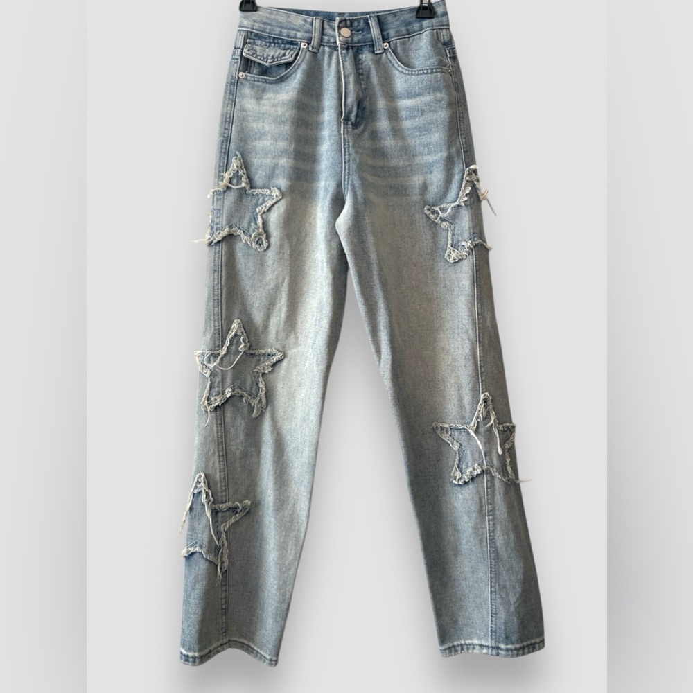 Women Loose Fit Boyfriend Jeans Baggy Y2K Straight Leg Star Patchwork Size Small - Picture 5 of 11